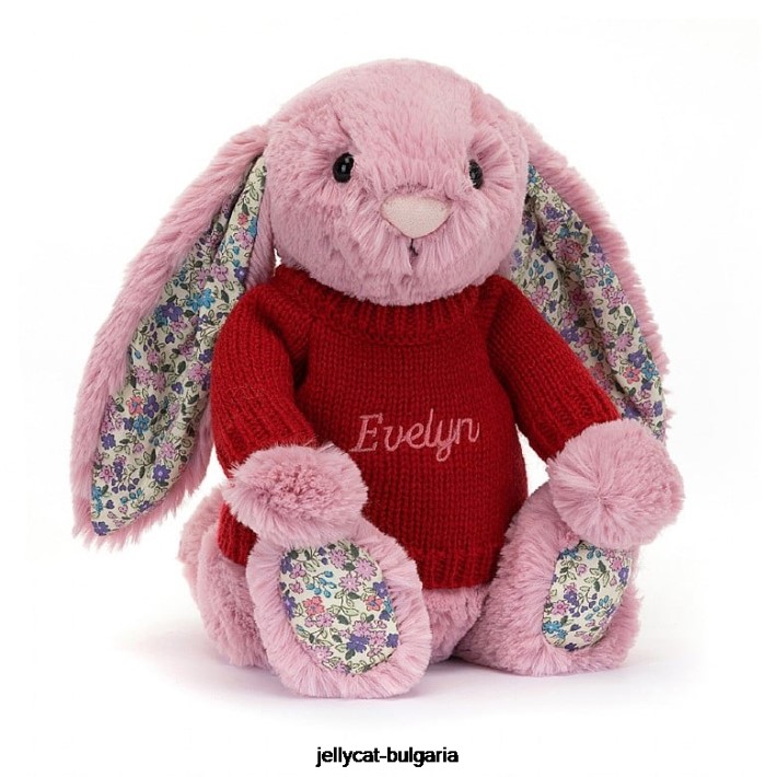 Jellycat цъфтящо зайче лале с персонализиран розов червен пуловер 430 играчка