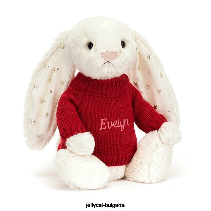 Jellycat срамежливо блещукащо зайче с персонализиран червен пуловер крем 213 играчка
