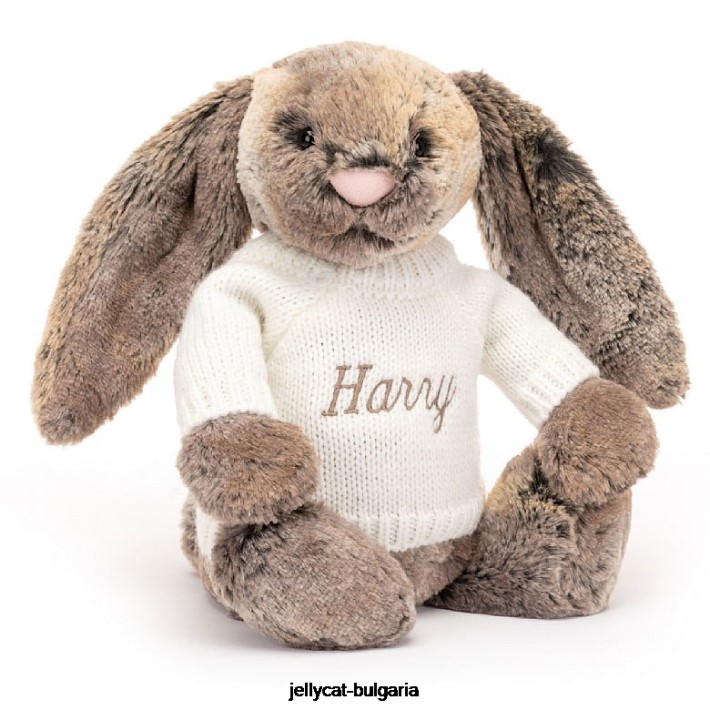 Jellycat срамежливо зайче от памучна опашка с персонализиран кремав пуловер в сиво 354 играчка