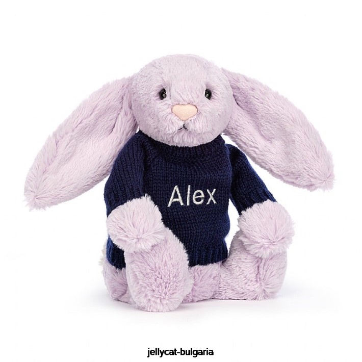 Jellycat срамежливо зайче с персонализиран тъмносин джемпер люляк 453 играчка