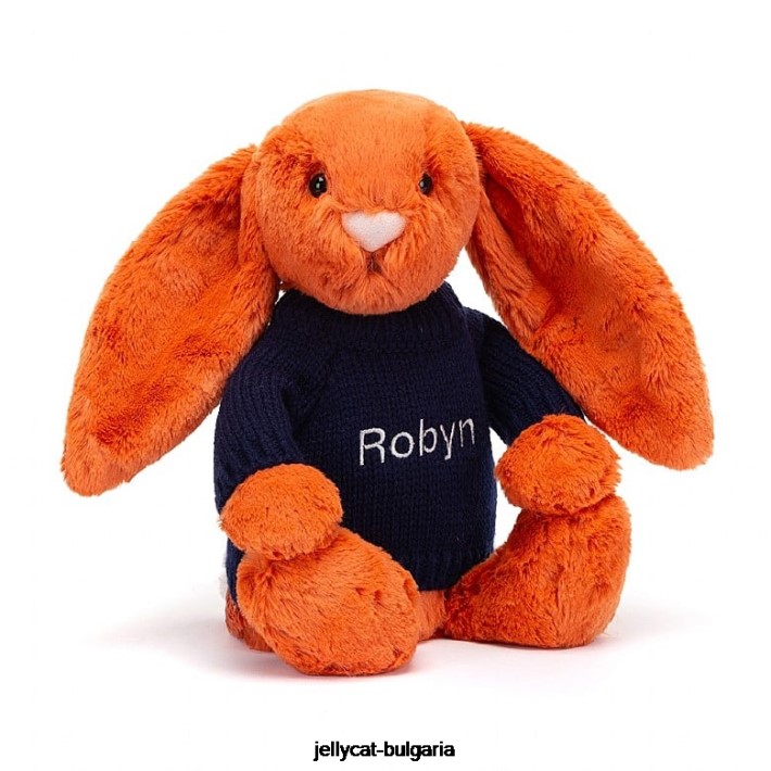 Jellycat срамежливо мандариново зайче с персонализиран оранжев тъмносин пуловер 508 играчка