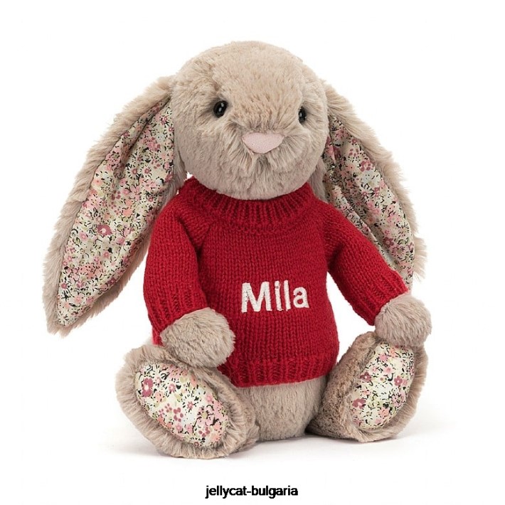 Jellycat blossom bea зайче с персонализиран червен пуловер в бежово 334 играчка
