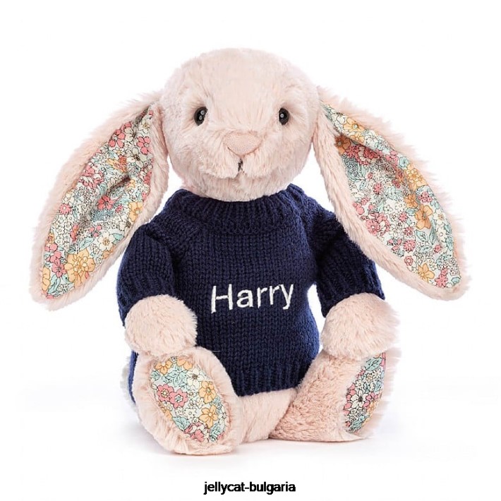 Jellycat blossom blush зайче с персонализиран тъмносин джемпер праскова 484 играчка