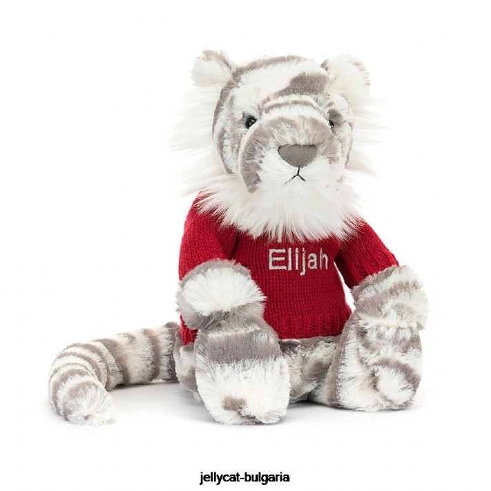 Jellycat stydlivý sněžný tygr s personalizovaným červeným svetrem v šedé a bílé barvě 581 hračka
